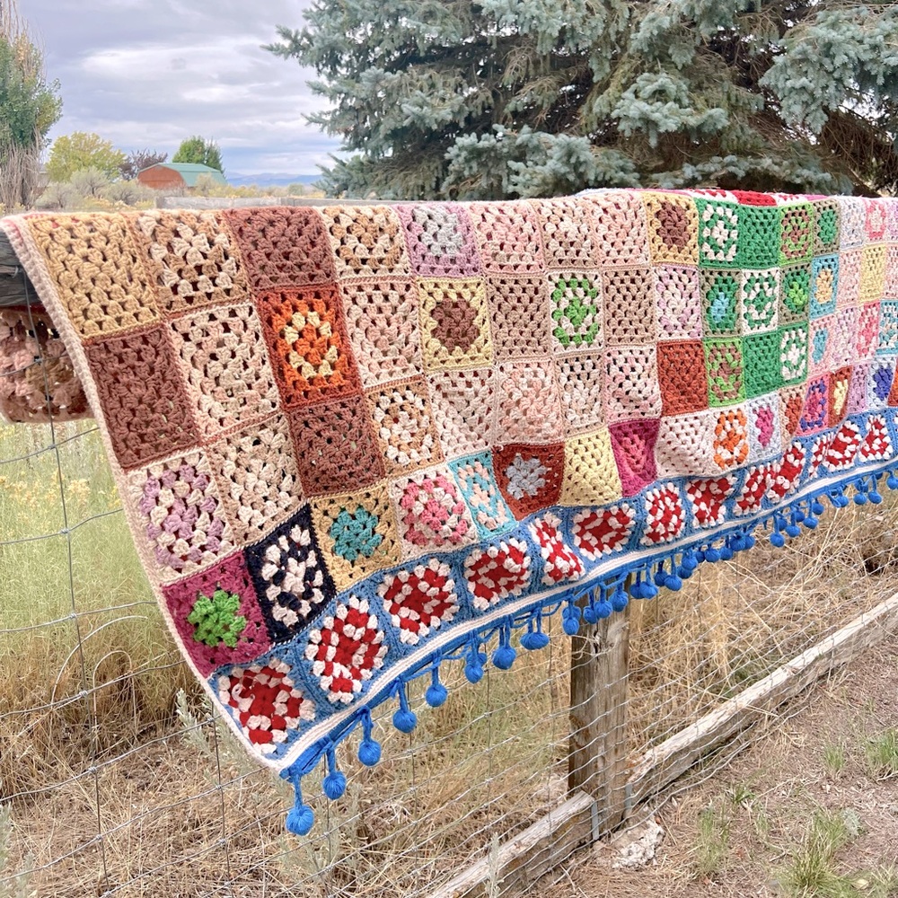 Vintage Handmade Gorgeous Pom Pom Granny Square Cozy Afghan Blanket